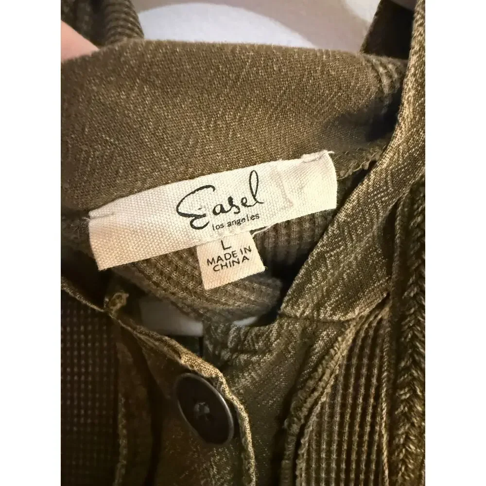 NWOT Easel Sz L Green Mineral Wash Hooded Shacket Waffle Knit mixed Media Grunge - Picture 5 of 8